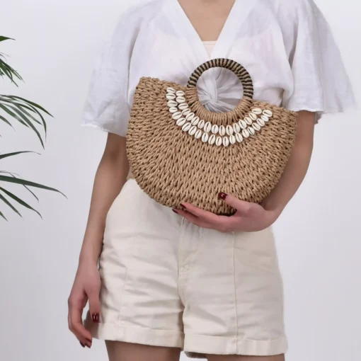 Handmade Straw Woven Seashell Beach Resort Crossbody Handbag - Image 2