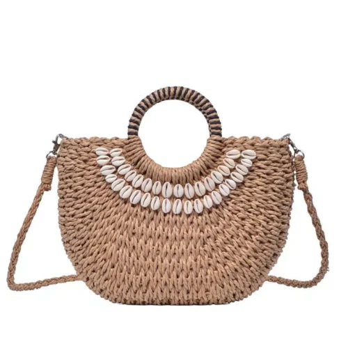 Handmade Straw Woven Seashell Beach Resort Crossbody Handbag - Image 4