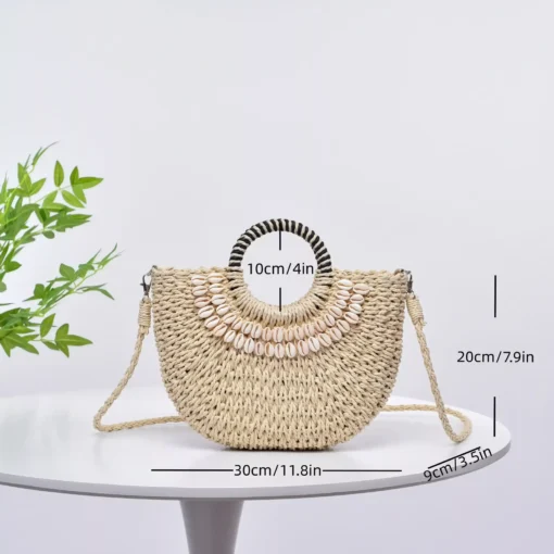 Handmade Straw Woven Seashell Beach Resort Crossbody Handbag - Image 6