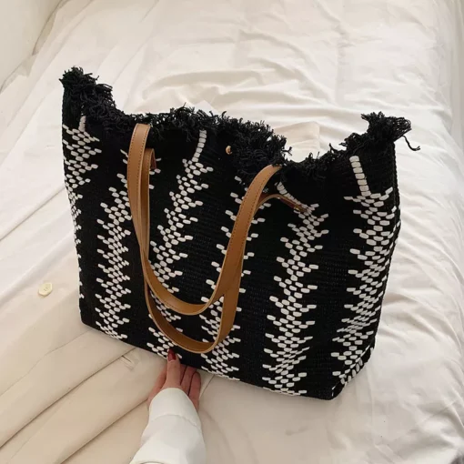 Large Capacity Canvas Fringe Tote Bag - Image 3