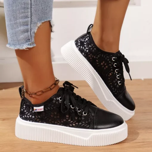 Fashion Lace-up Hollow Breathable Thick-soled Casual Shoes - Image 4