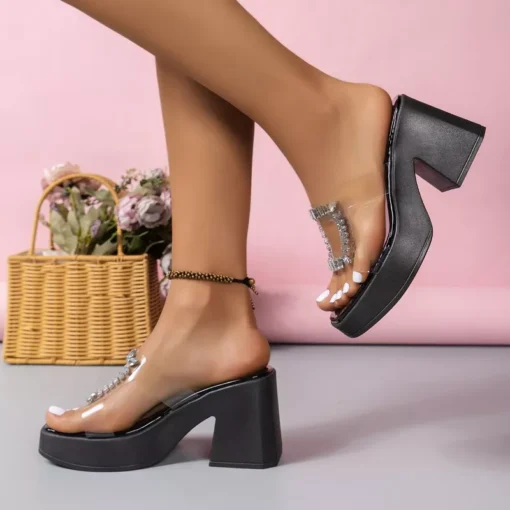 Women’s High-Heeled Rhinestone Square Head Open-Toed Sandals - Image 6