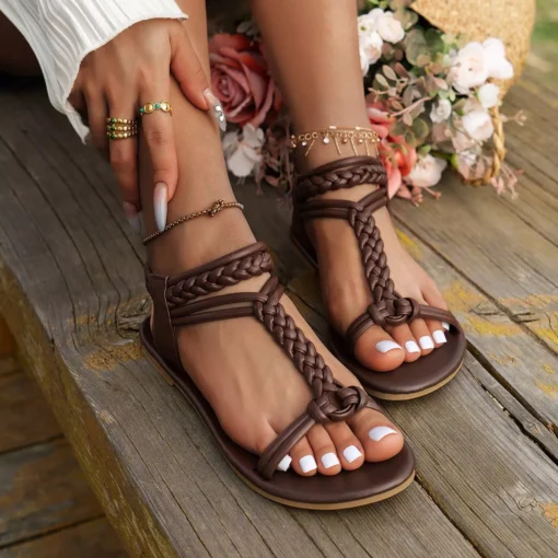 Summer Women’s Fashion Weaving T-Strap Roman Sandals - Image 6