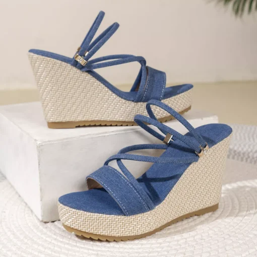 Denim Wedge Heel Sandals - Image 6