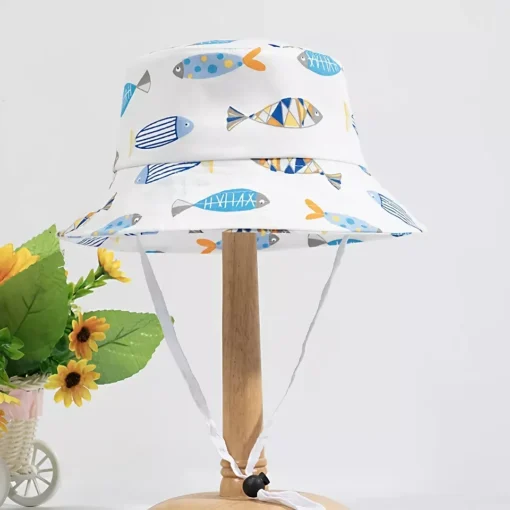 Cute Cartoon Cotton Baby Bucket Hat with Drawstring - Image 7