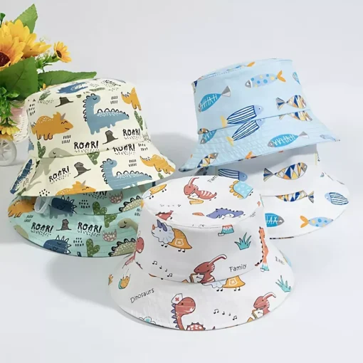 Cute Cartoon Cotton Baby Bucket Hat with Drawstring - Image 3