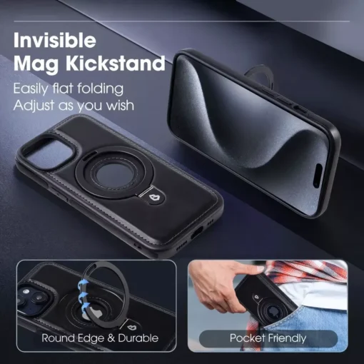 MagSafe Ring Holder Kickstand Leather Phone Case - Image 3