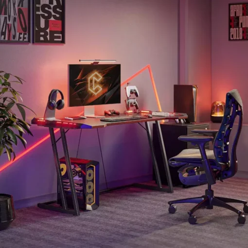 Z-Shaped 55″ Gaming Desk with Carbon Fiber Surface and LED Lighting - Image 2