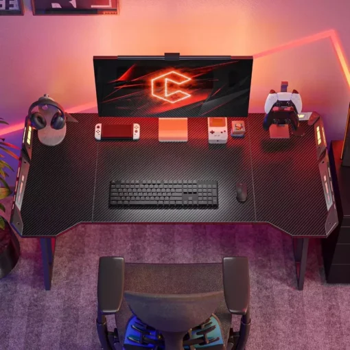 Z-Shaped 55″ Gaming Desk with Carbon Fiber Surface and LED Lighting - Image 3