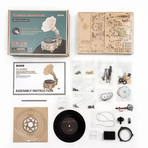 DIY Hand Crank Classic Gramophone Wooden Puzzle Model Kit - Image 4