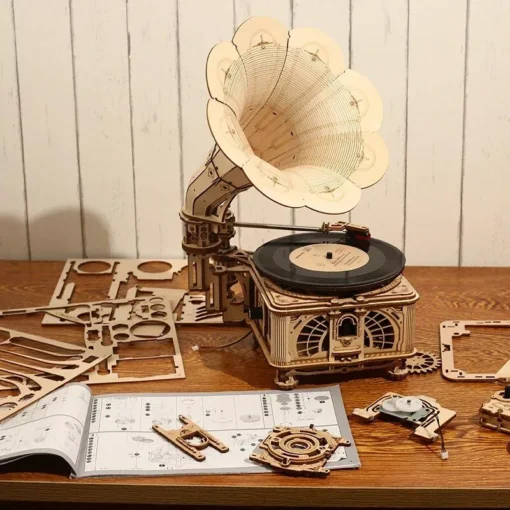 DIY Hand Crank Classic Gramophone Wooden Puzzle Model Kit - Image 6