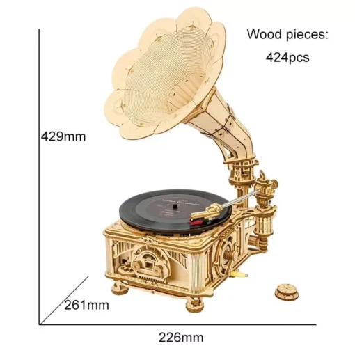 DIY Hand Crank Classic Gramophone Wooden Puzzle Model Kit - Image 3