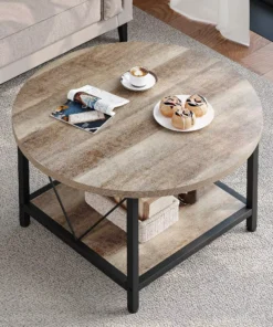 Rustic Oak Round Coffee Table with Metal Legs & Storage