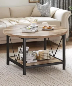 Rustic Oak Round Coffee Table with Metal Legs & Storage