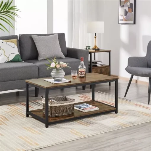 Rustic Industrial Coffee Table with Storage Shelf - Image 2
