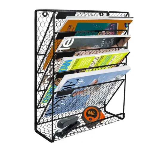 6-Tier Black Metal Wire Hanging File Organizer & Magazine Rack - Image 3