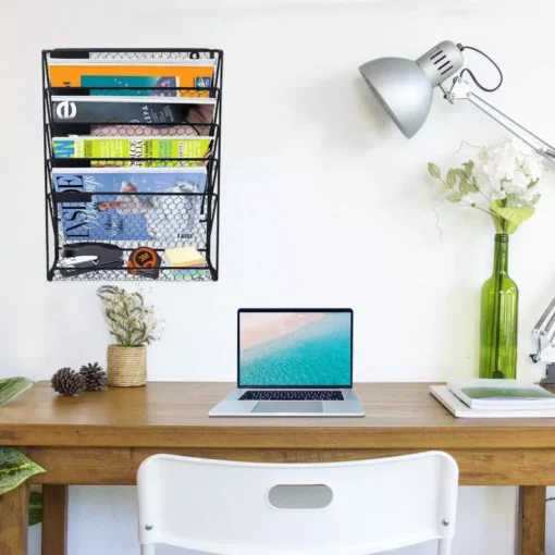 6-Tier Black Metal Wire Hanging File Organizer & Magazine Rack - Image 2