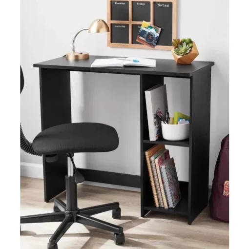 Compact Black Oak Writing Desk with Storage Shelves - Image 7