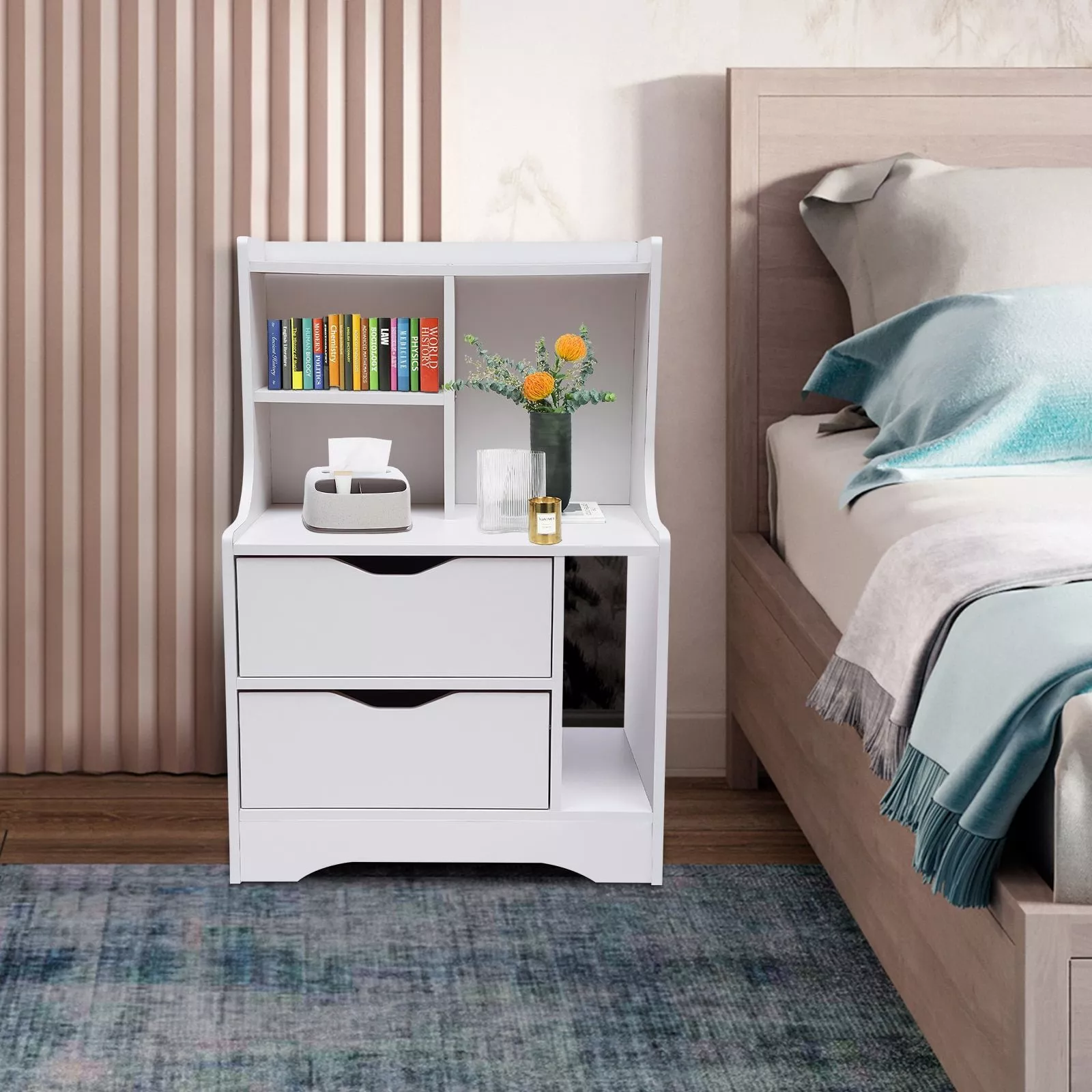 Modern Minimalist Nightstand with Dual Storage Drawers and Shelf
