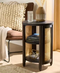 Charcoal Caning Rattan Side Table with Storage