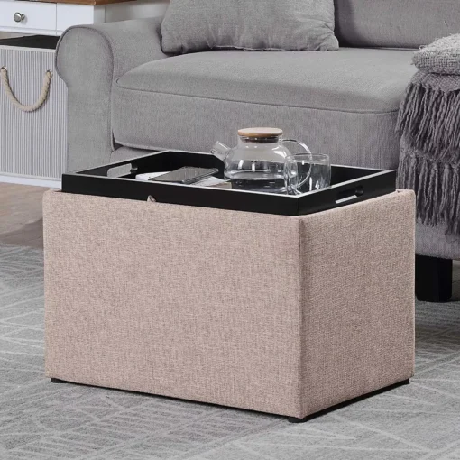 Tan Fabric Storage Ottoman with Reversible Tray - Image 3