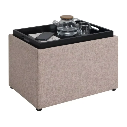 Tan Fabric Storage Ottoman with Reversible Tray - Image 4