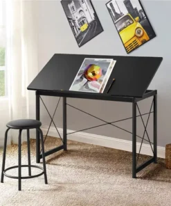Adjustable Black Drafting Table with Tilt Surface & Sturdy Metal Frame