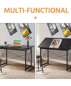 Adjustable Black Drafting Table with Tilt Surface & Sturdy Metal Frame