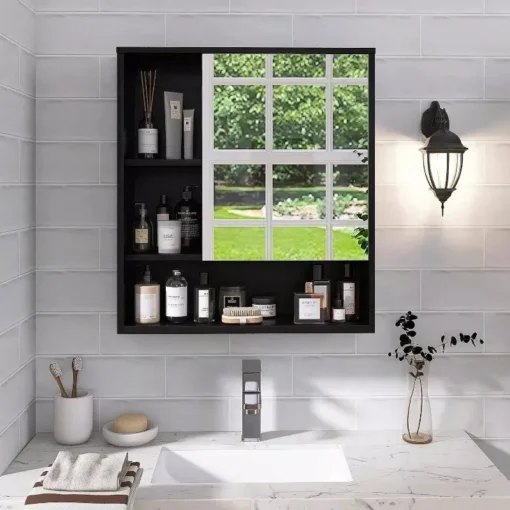 Wall Mounted Bamboo Bathroom Mirror Cabinet - Image 5