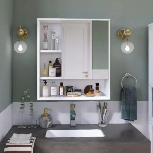 Wall Mounted Bamboo Bathroom Mirror Cabinet - Image 4