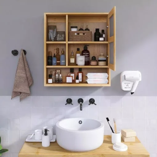 Wall Mounted Bamboo Bathroom Mirror Cabinet - Image 2