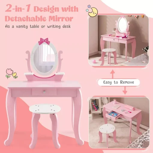 2-in-1 Kids Vanity Set with Rotating Mirror and Stool - Image 5