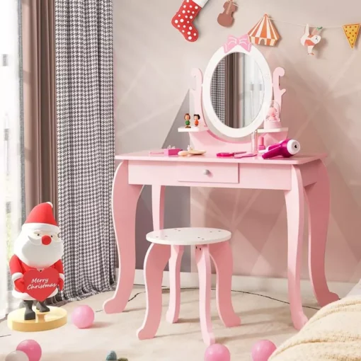 2-in-1 Kids Vanity Set with Rotating Mirror and Stool - Image 3