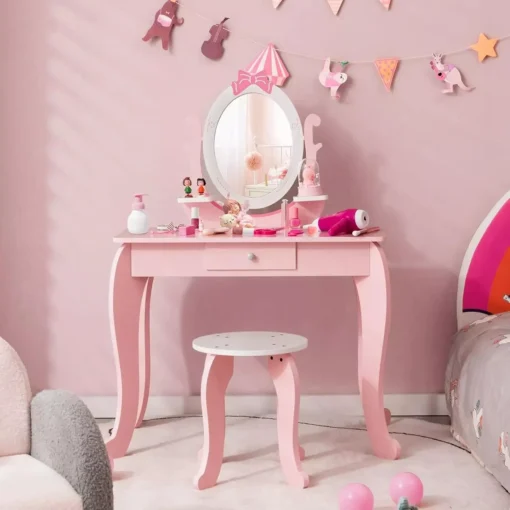 2-in-1 Kids Vanity Set with Rotating Mirror and Stool