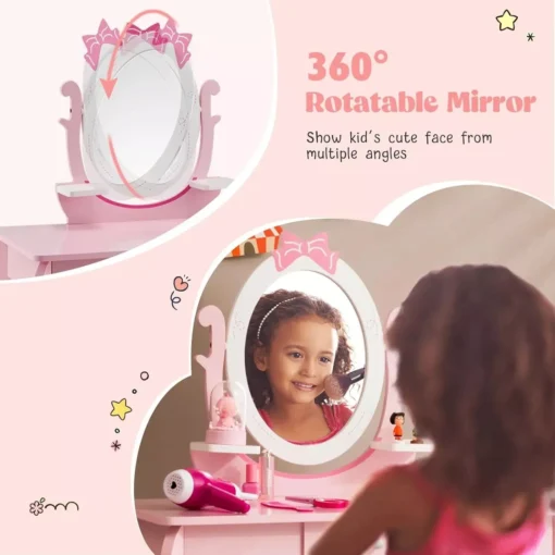 2-in-1 Kids Vanity Set with Rotating Mirror and Stool - Image 4