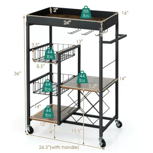 4-Tier Rolling Kitchen Bar Cart with Wine Rack and Removable Tray - Image 6