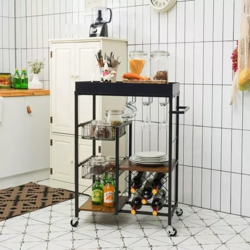4-Tier Rolling Kitchen Bar Cart with Wine Rack and Removable Tray
