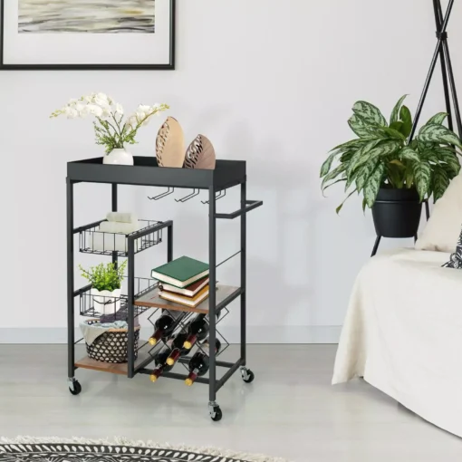 4-Tier Rolling Kitchen Bar Cart with Wine Rack and Removable Tray - Image 2
