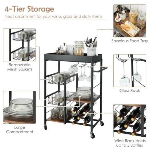 4-Tier Rolling Kitchen Bar Cart with Wine Rack and Removable Tray - Image 5