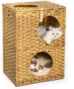 Wicker Cat Bed with Rattan Condos & Cushion