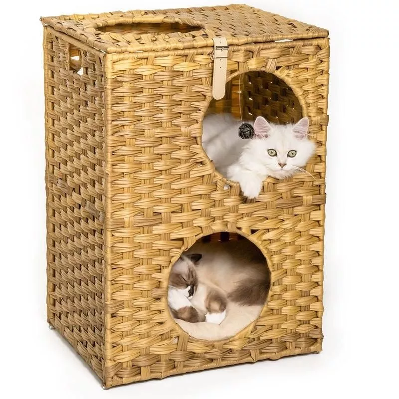 Wicker Cat Bed with Rattan Condos & Cushion