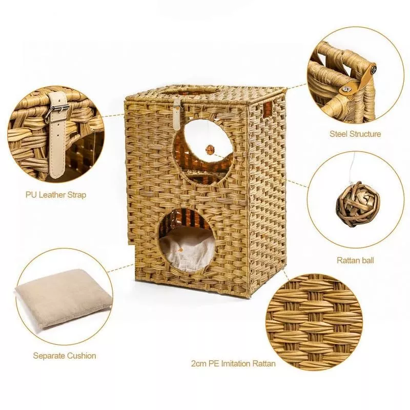 Wicker Cat Bed with Rattan Condos & Cushion