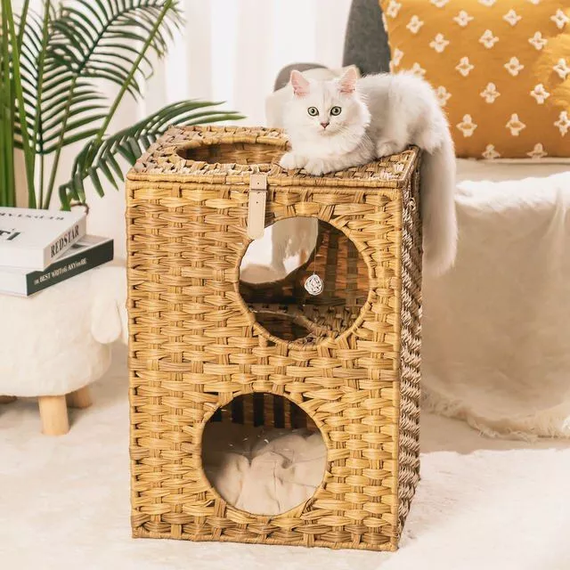 Wicker Cat Bed with Rattan Condos & Cushion
