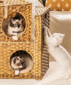 Wicker Cat Bed with Rattan Condos & Cushion