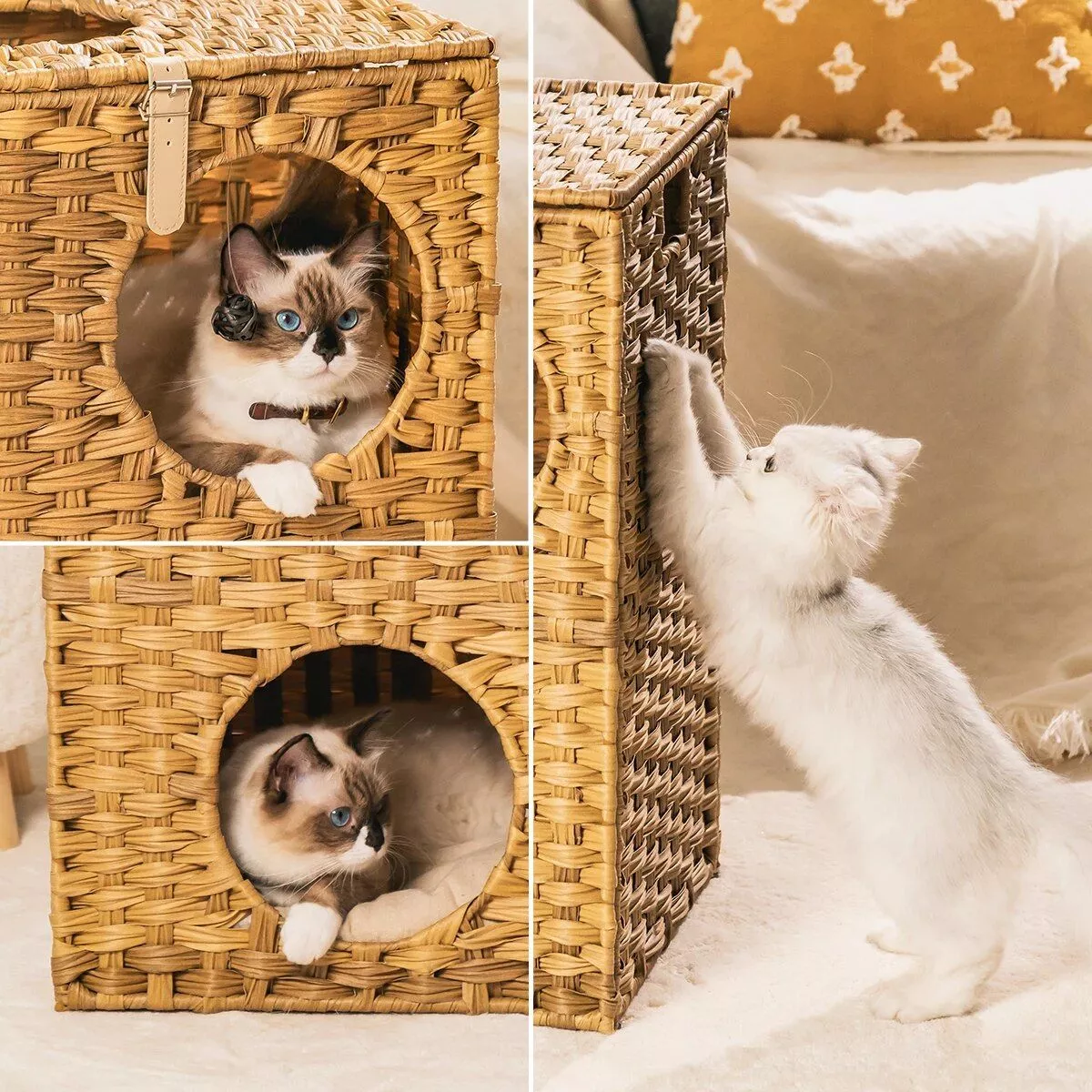 Wicker Cat Bed with Rattan Condos & Cushion