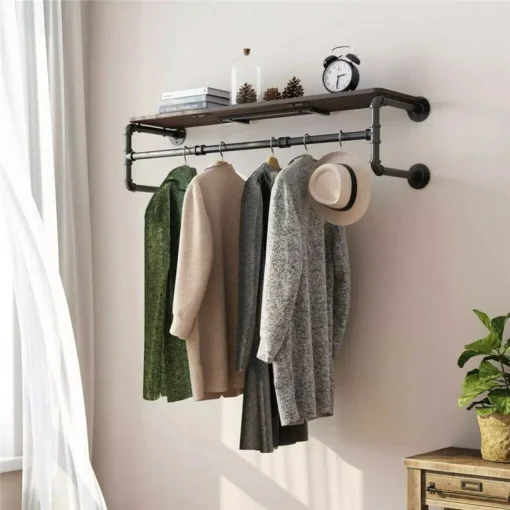 Wall-Mounted Industrial Pipe Clothing Rack with Wooden Shelf and Hooks - Image 5