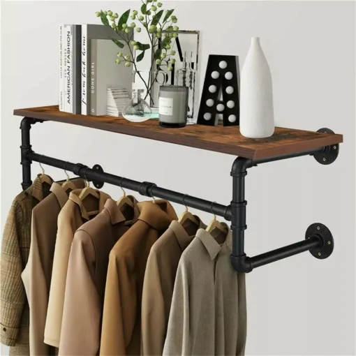 Wall-Mounted Industrial Pipe Clothing Rack with Wooden Shelf and Hooks - Image 2