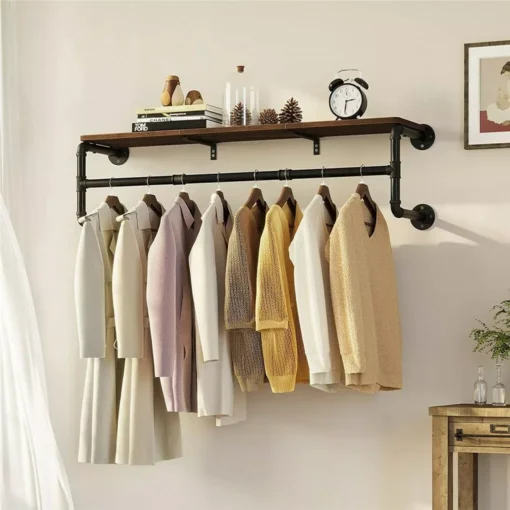 Wall-Mounted Industrial Pipe Clothing Rack with Wooden Shelf and Hooks - Image 4