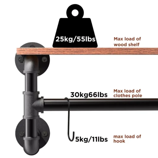Wall-Mounted Industrial Pipe Clothing Rack with Wooden Shelf and Hooks - Image 7
