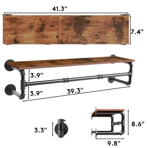 Wall-Mounted Industrial Pipe Clothing Rack with Wooden Shelf and Hooks - Image 8